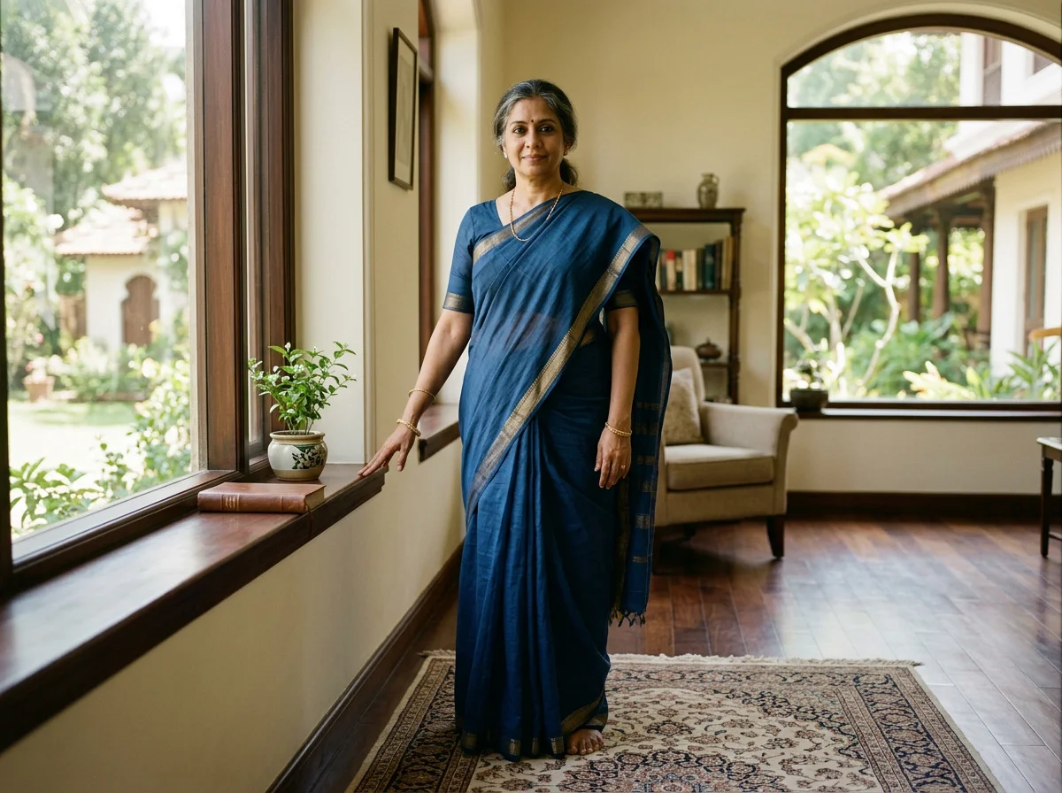 A person standing at a window, feet planted, the room still around them.