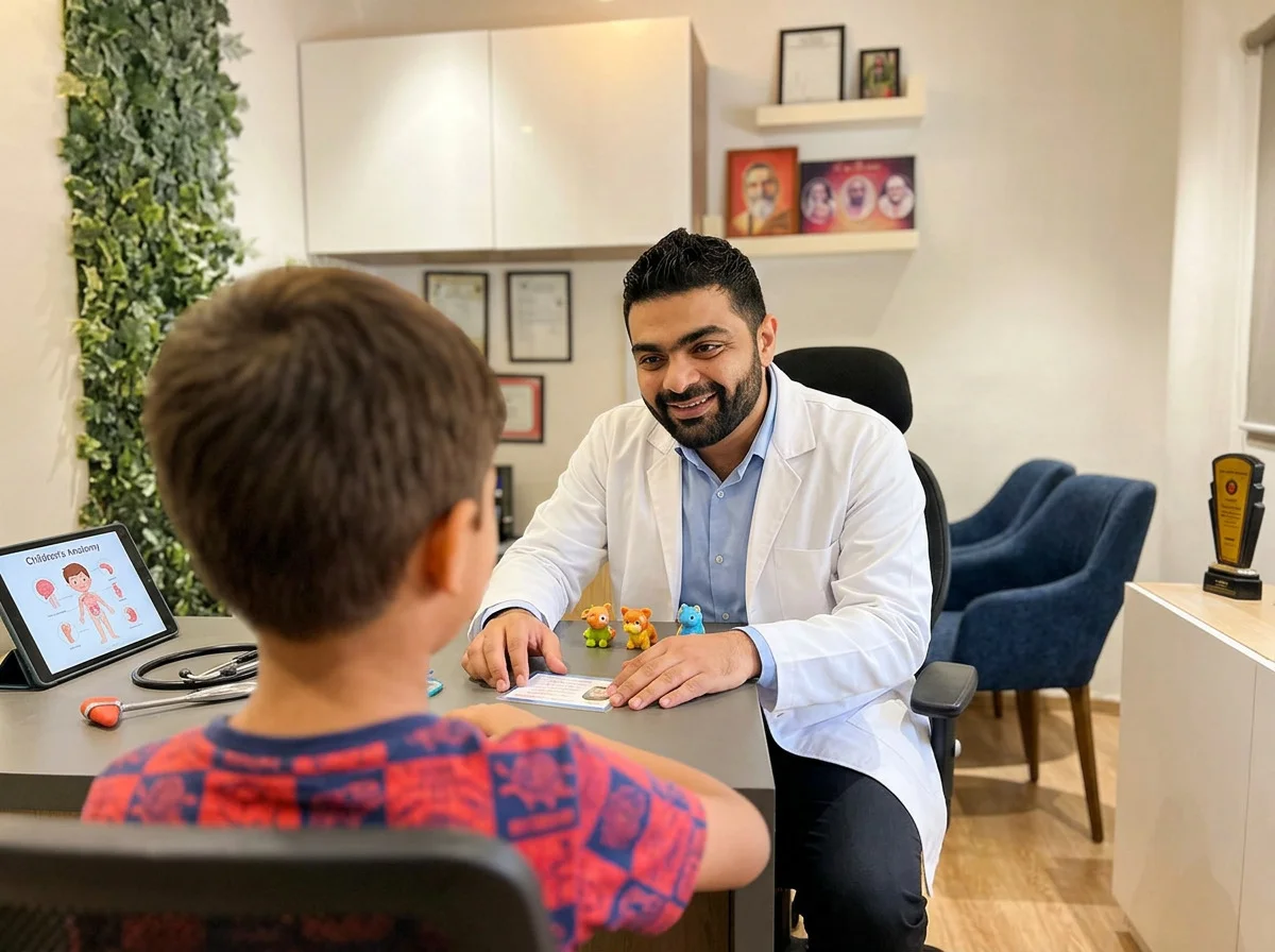 Dr Adip Shetty seated low in the consultation room, ready for a parent, with no child in frame.