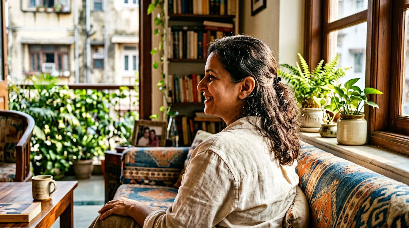 An adult turned toward a conversation in soft morning light, listening.