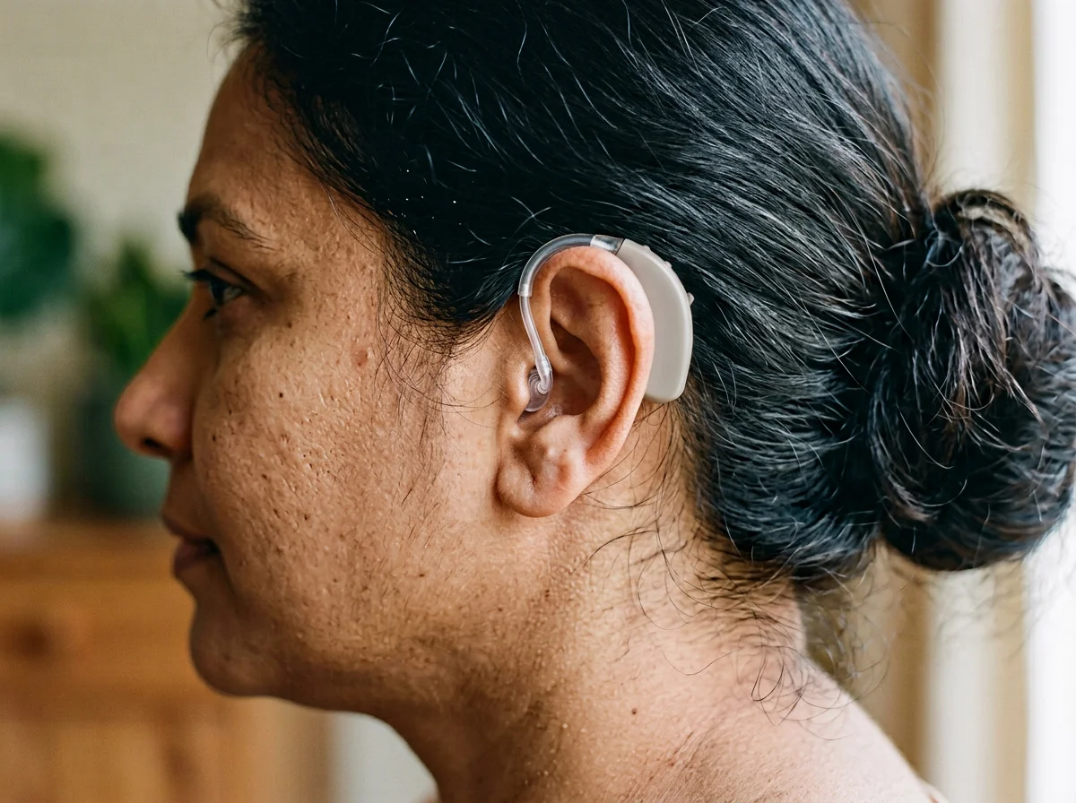 A healthy ear with a small unbranded hearing processor, seen in quiet side light.