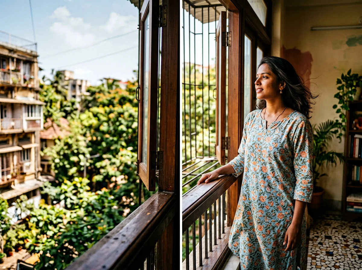 A person at an open window, breathing, with trees soft outside.