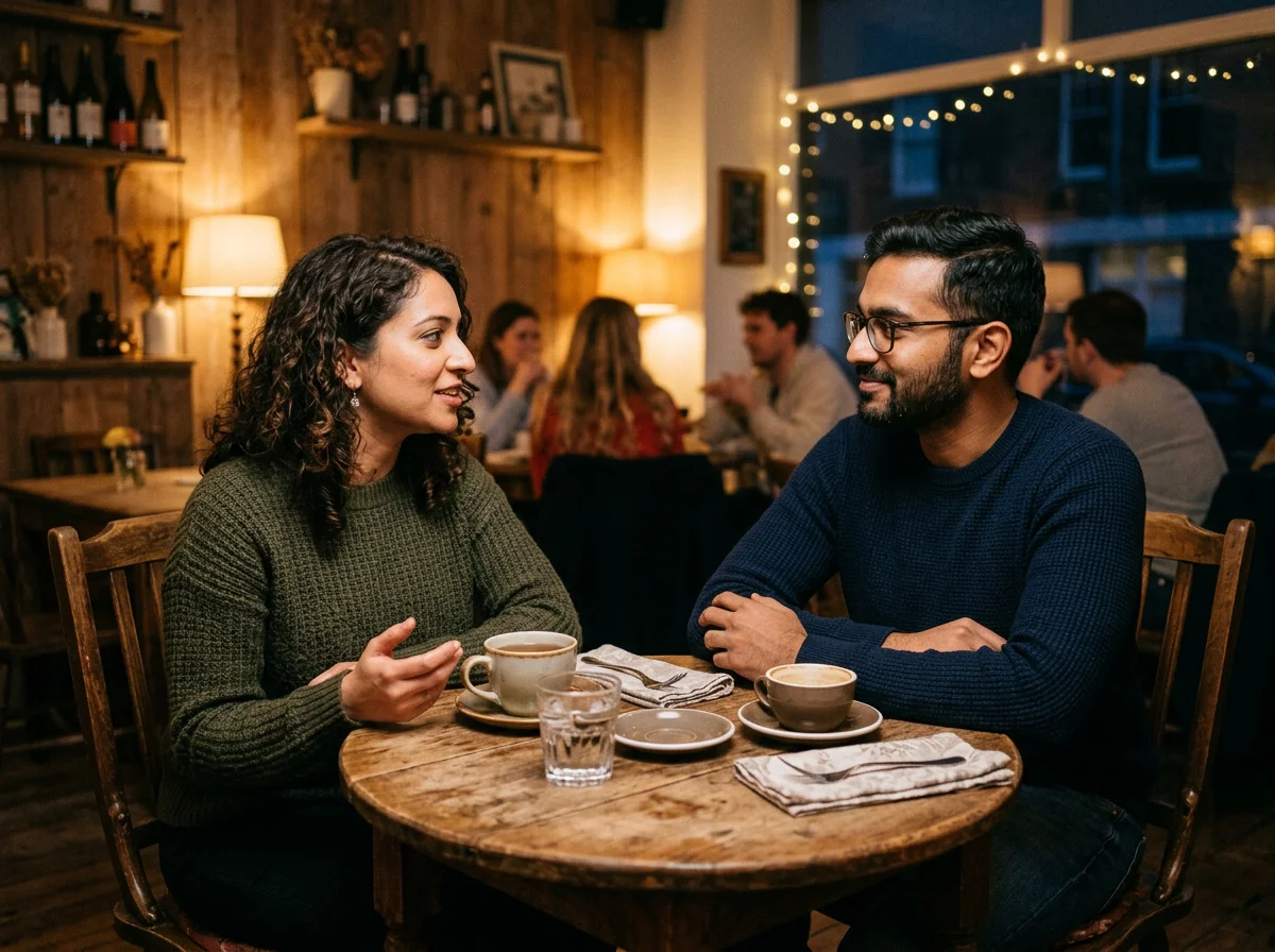 Two people talking across a table, mid-sentence, in warm indoor light.