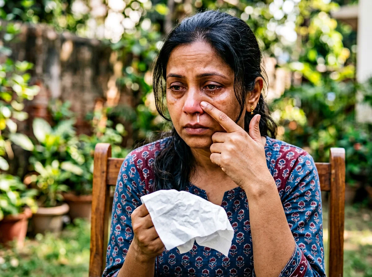 An adult with watery eyes and a clear runny nose, not thick mucus.