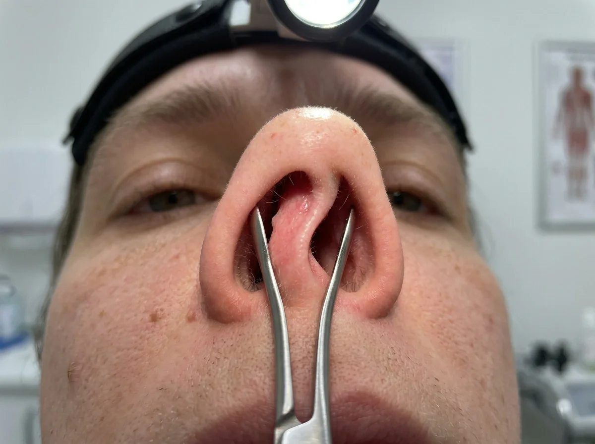 A bowed septum narrowing one nostril, seen through a nasal speculum.