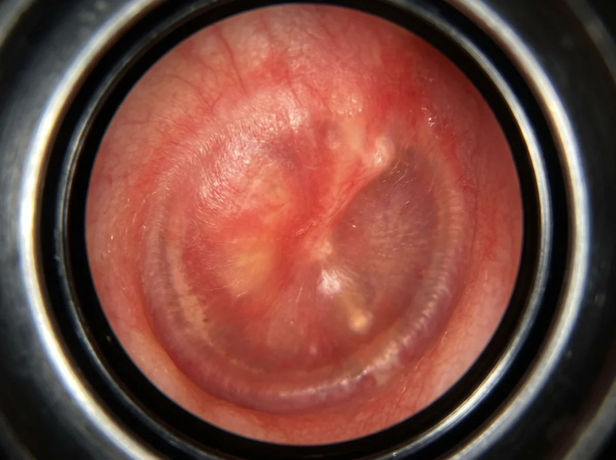 An otoscopic view of a red, inflamed eardrum, seen through the lens of an otoscope.