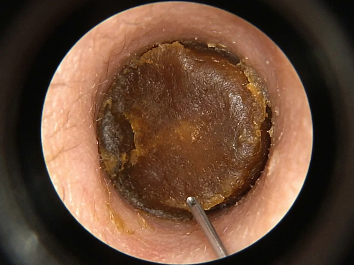 A plug of ordinary amber earwax filling an ear canal, seen through an otoscope.
