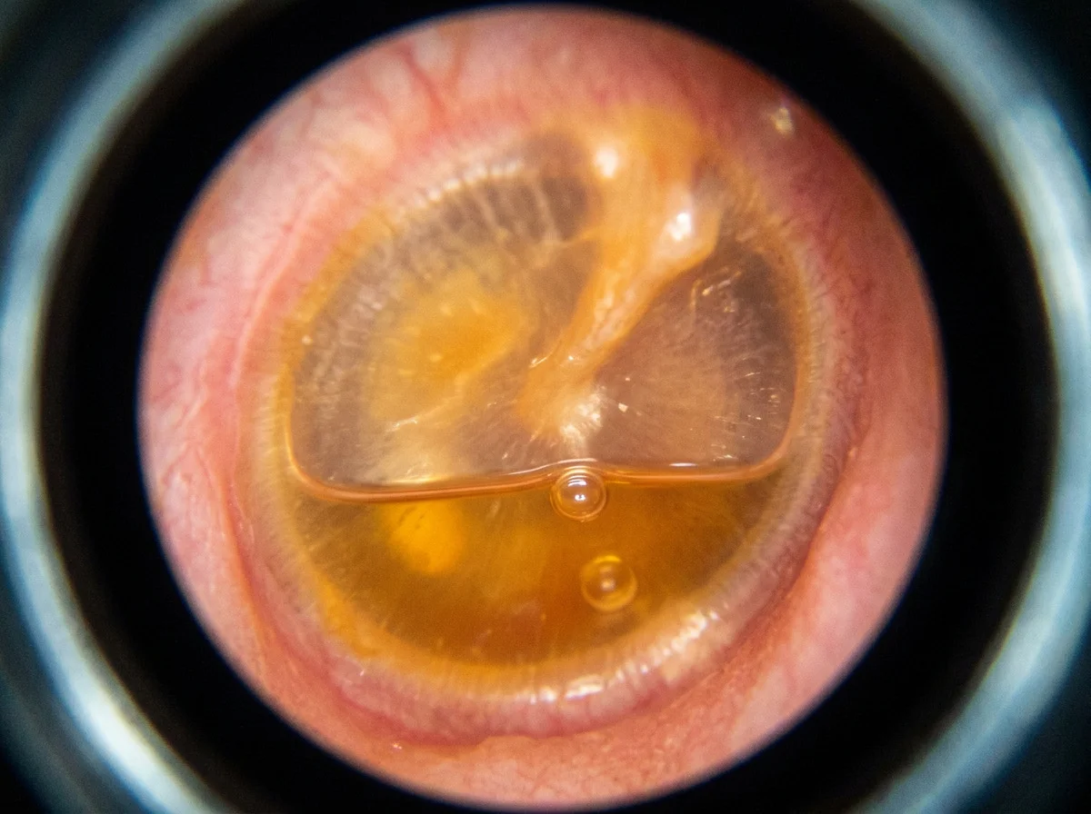 An amber fluid level behind an intact eardrum, seen through an otoscope.
