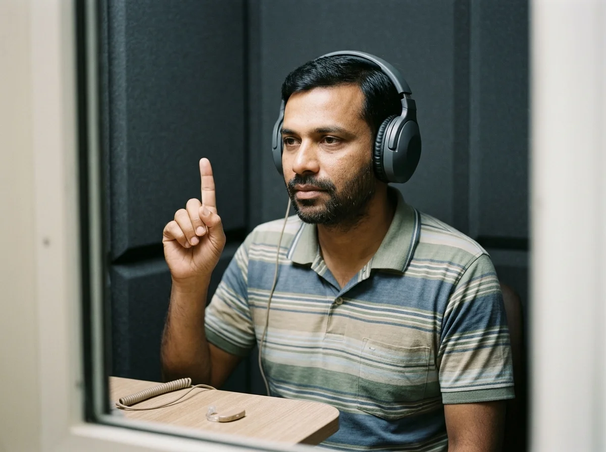 An adult having a hearing test, wearing plain audiometry headphones in a quiet booth.