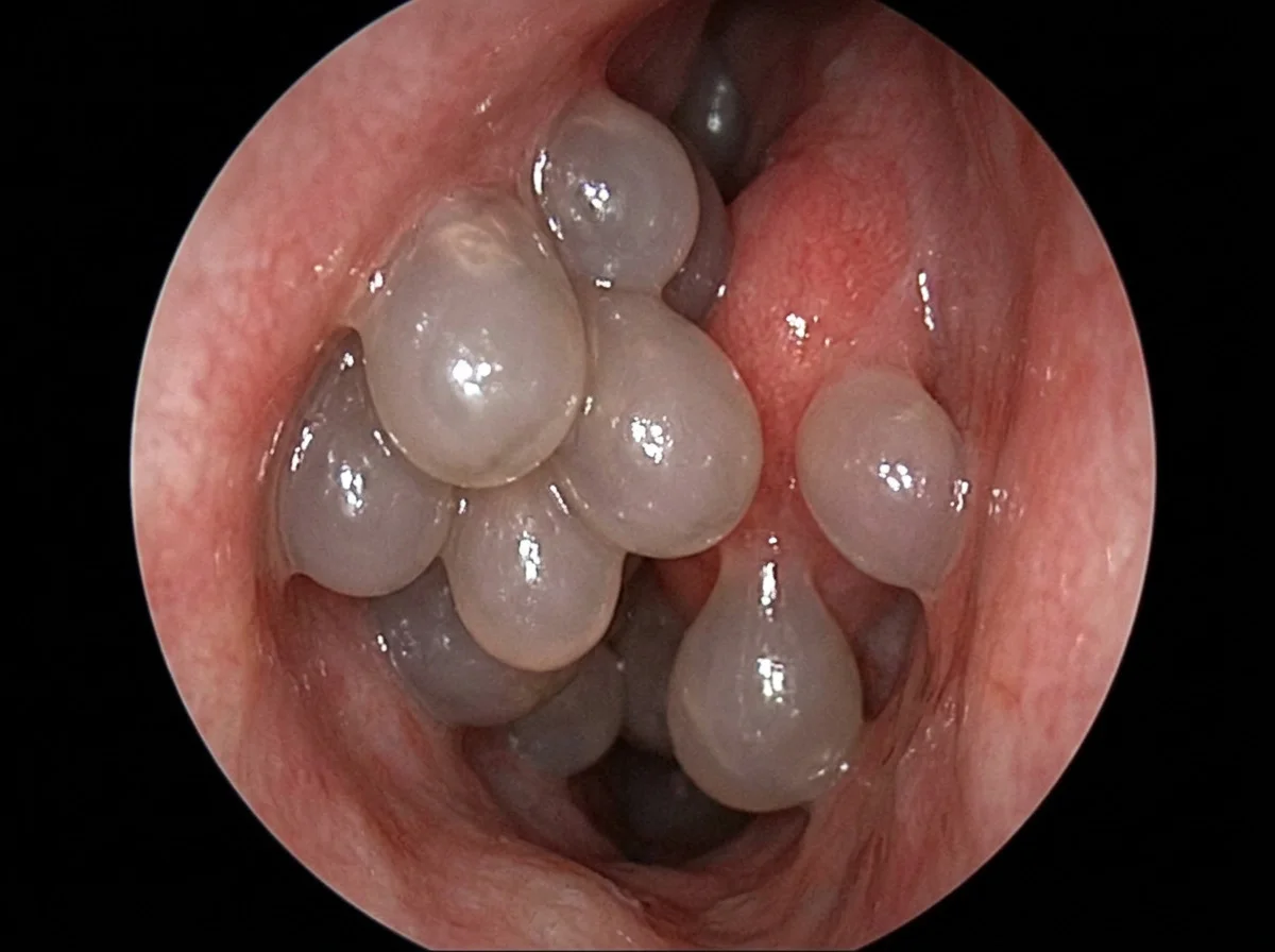 Pale grey grape-like nasal polyps inside the nose, seen through an endoscope.