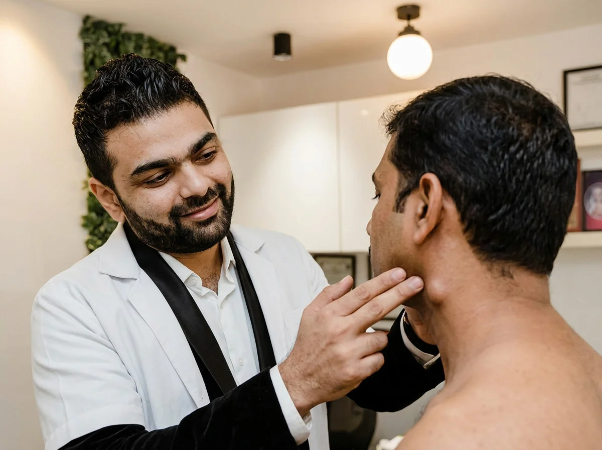 A small lump at the side of an adult neck, being felt by Dr Adip Shetty.