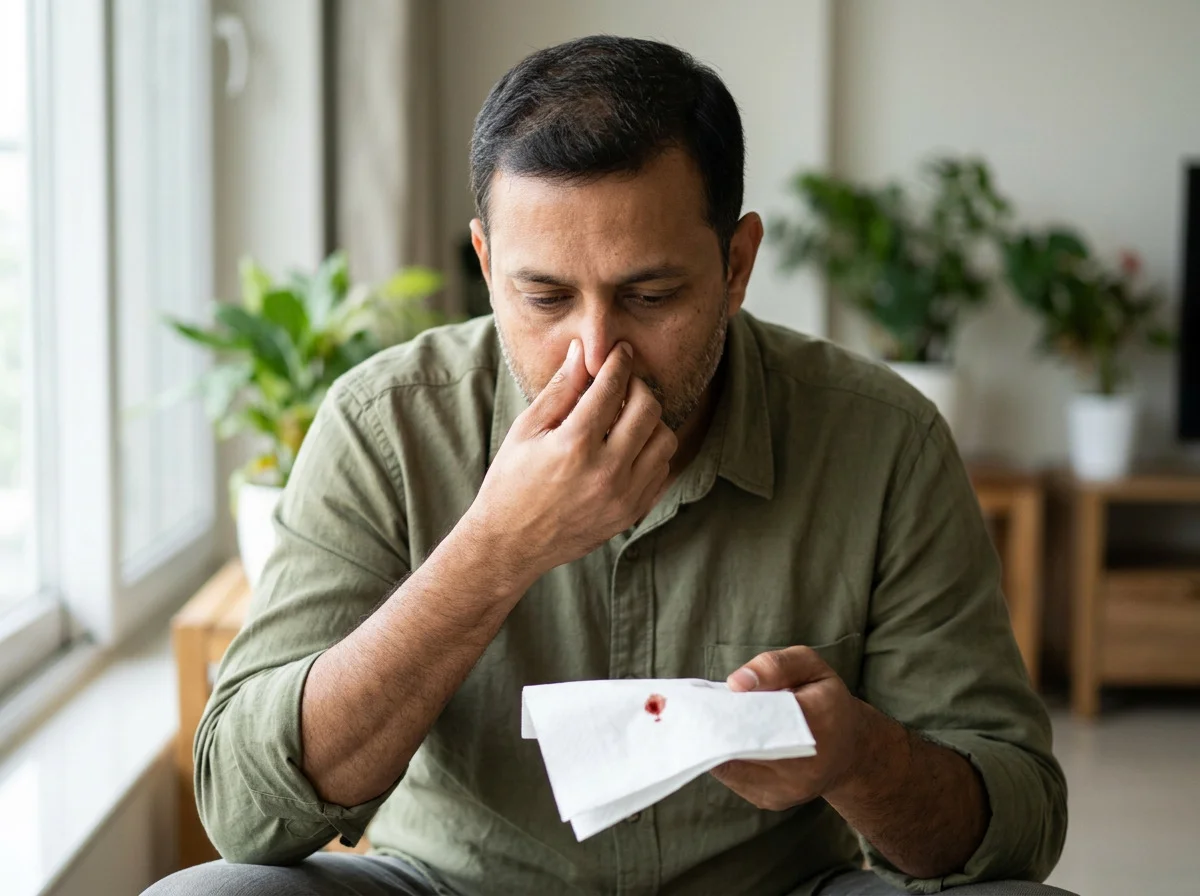 A person leaning forward and pinching the soft part of the nose, with a small spot of blood on a tissue.