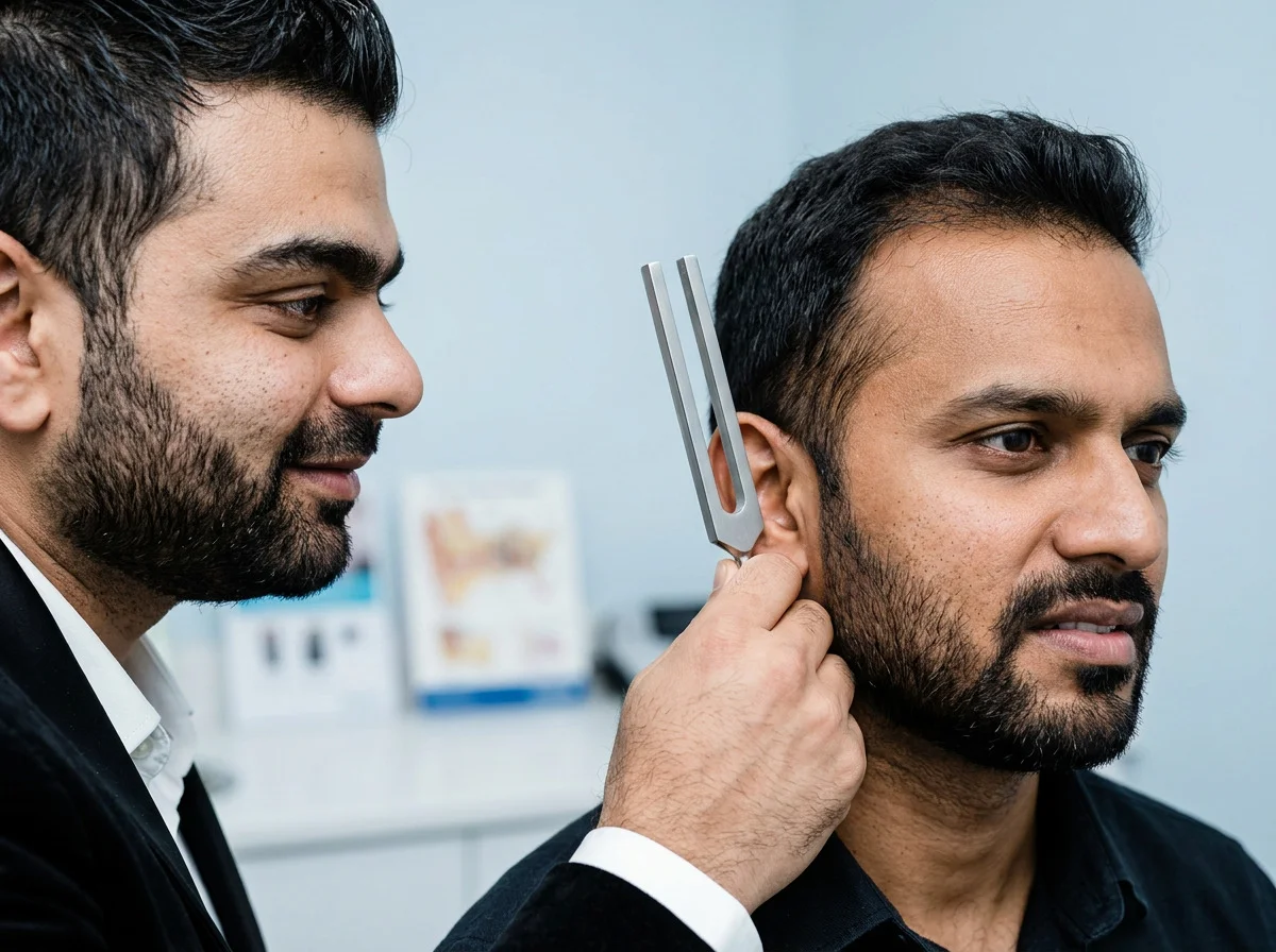 A tuning fork held to the bone behind an adult’s ear during a hearing test.