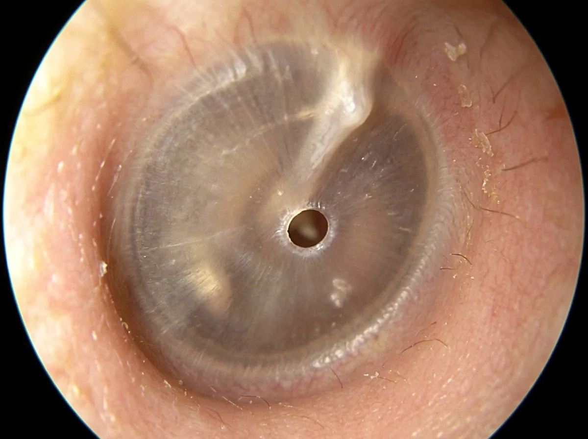 A small dry hole in an eardrum, seen through an otoscope, with no blood.