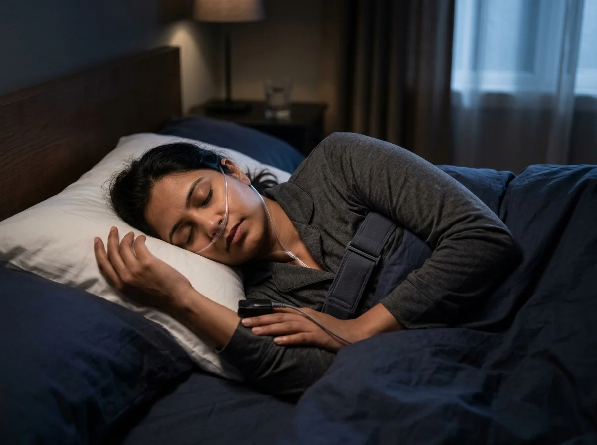 An adult asleep during a home sleep study, with a slim nasal cannula and a finger sensor.