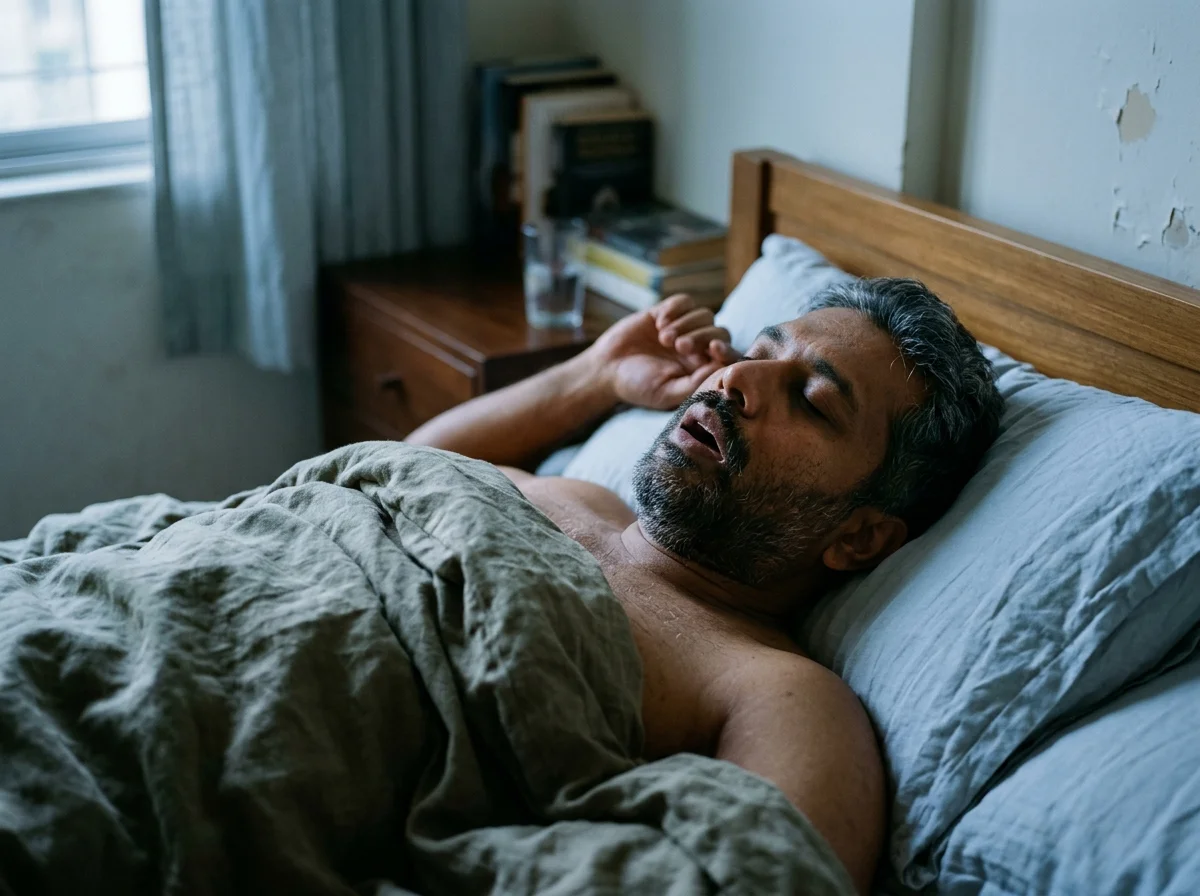 An adult asleep with the mouth slightly open and the jaw relaxed.