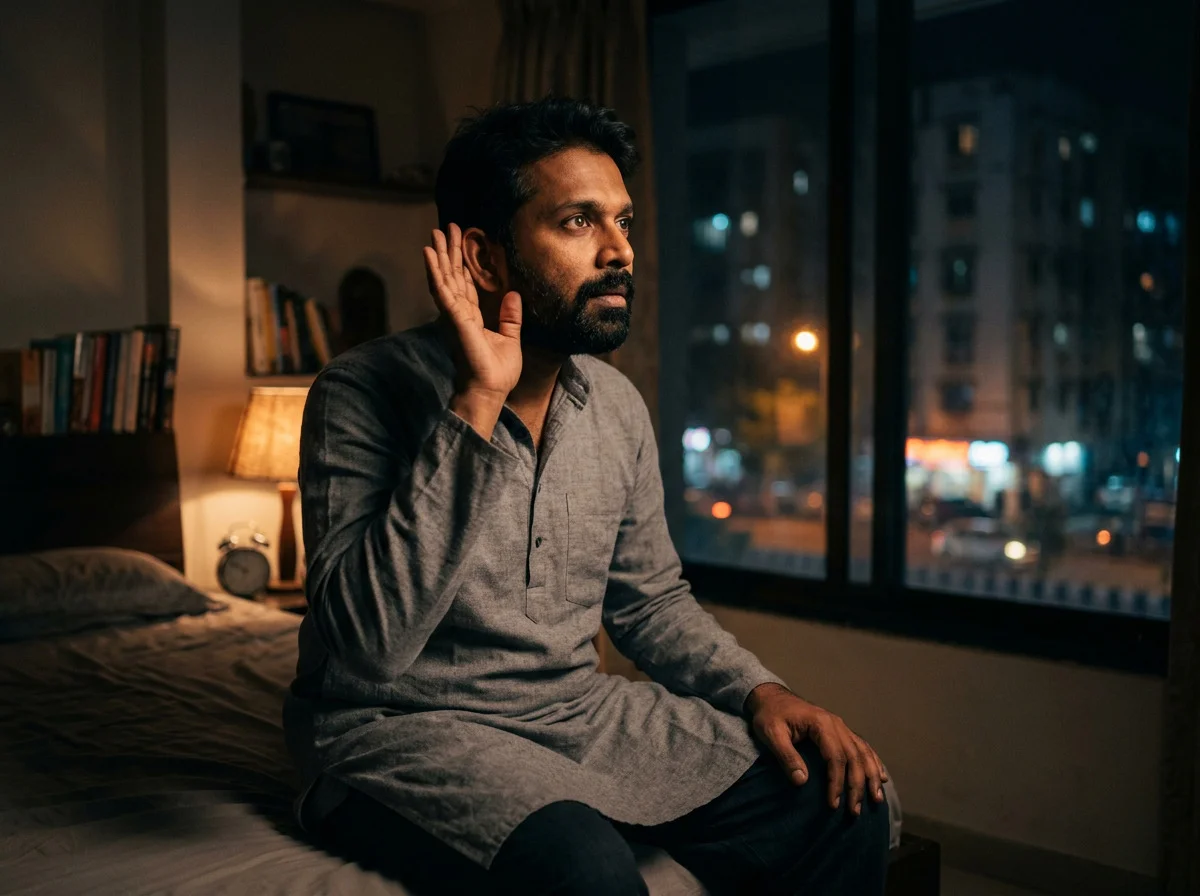 A person awake at night, one hand near the ear, listening to a sound that is not in the room.