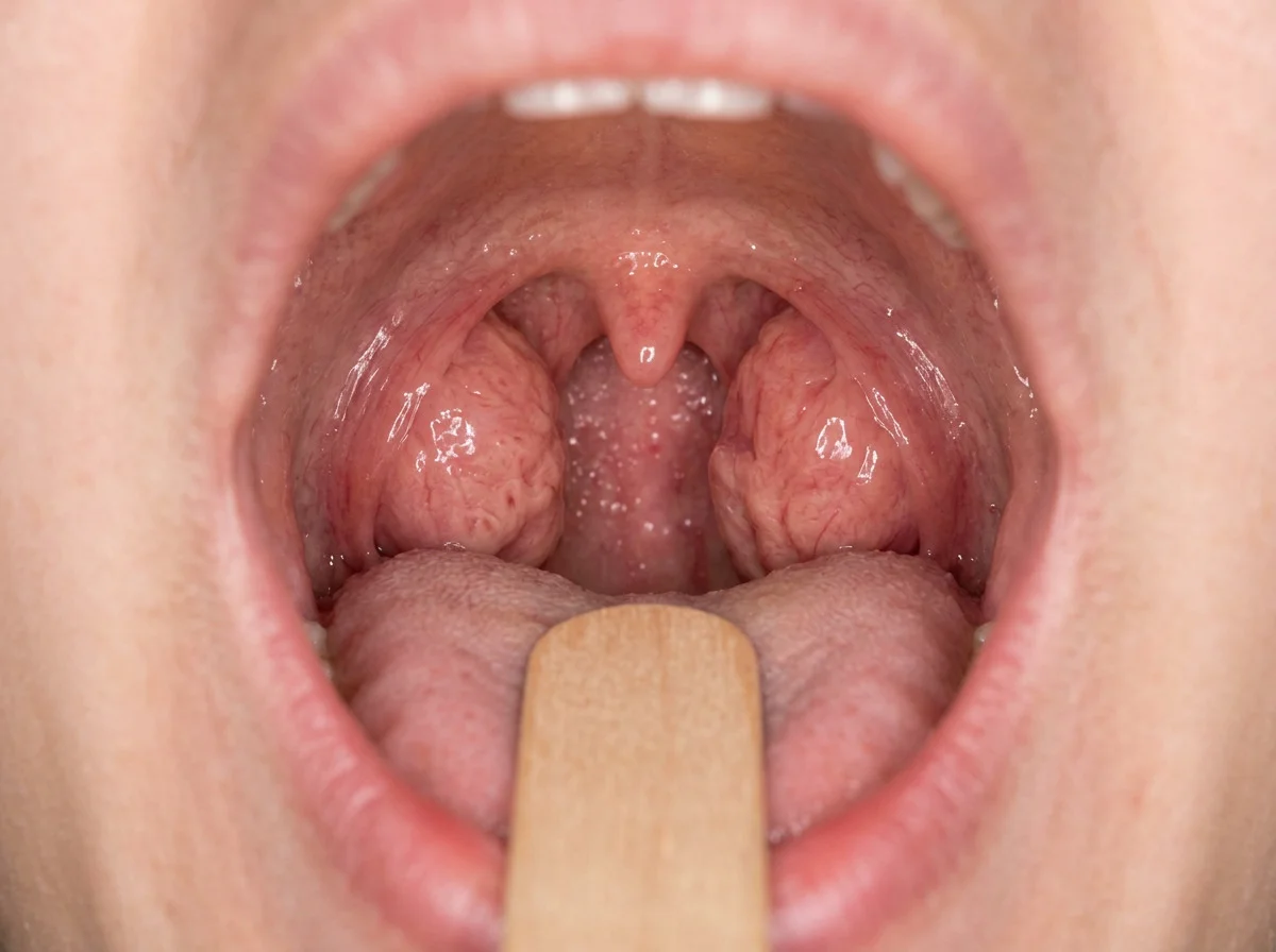 Enlarged tonsils at the sides of an open throat, with no pus and no face.