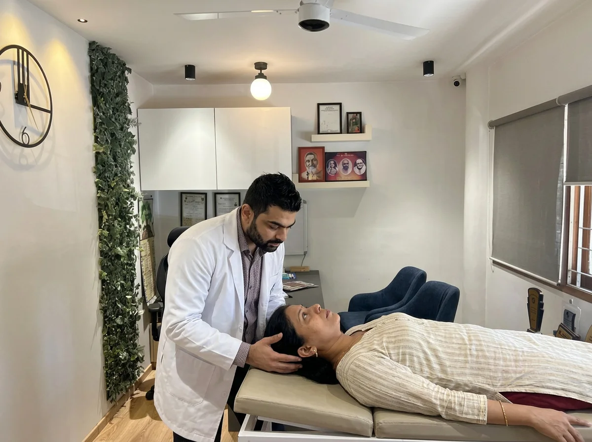 An adult lying back with the head turned and tipped, during a dizziness test, eyes open.