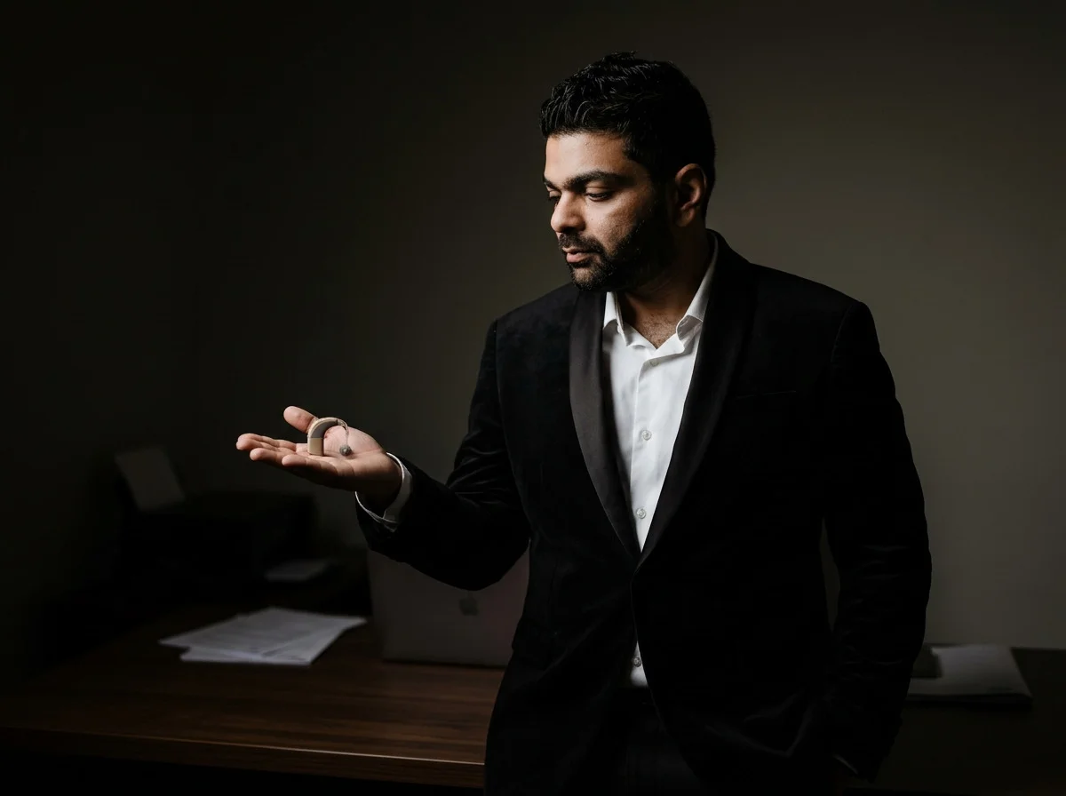 Dr Adip Shetty in his black jacket, looking at a small hearing processor in side light.