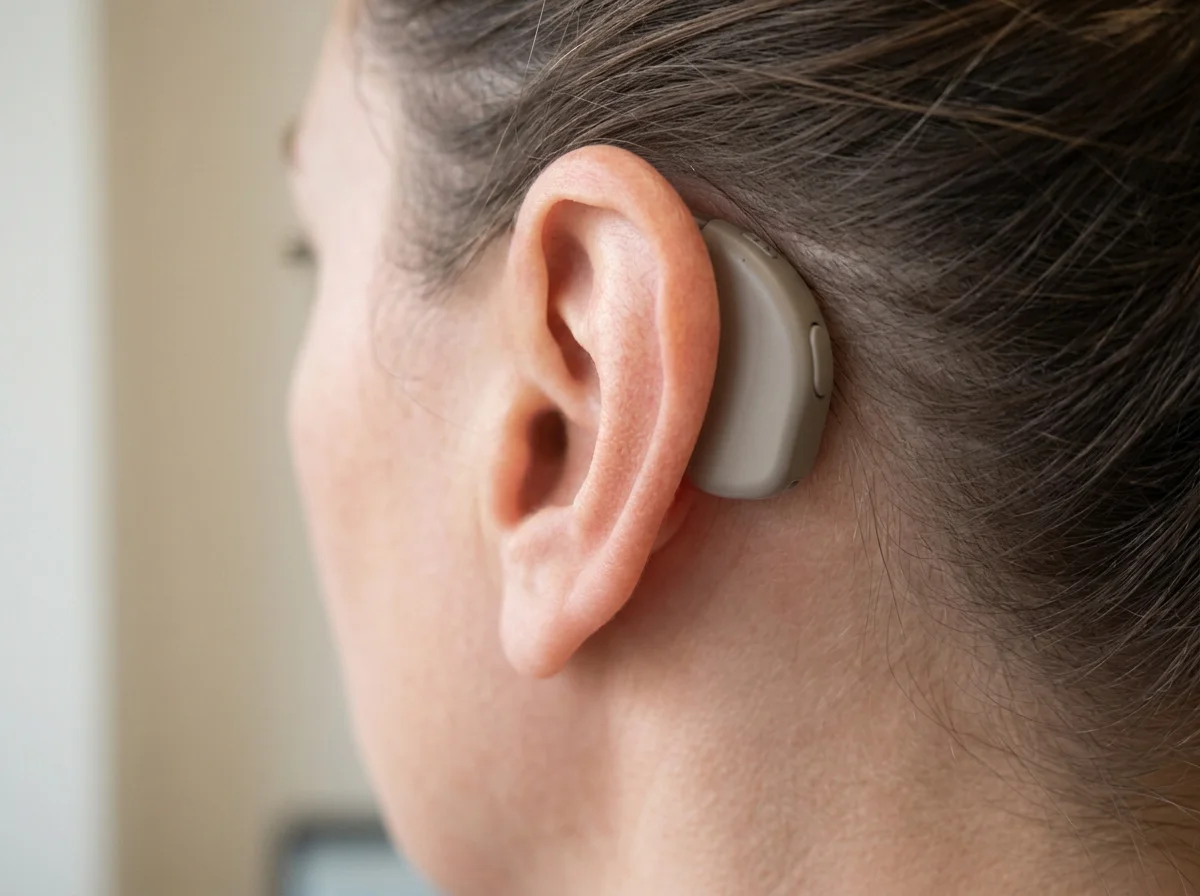 A bone-conduction processor on the bone behind the ear, with nothing in the ear canal.