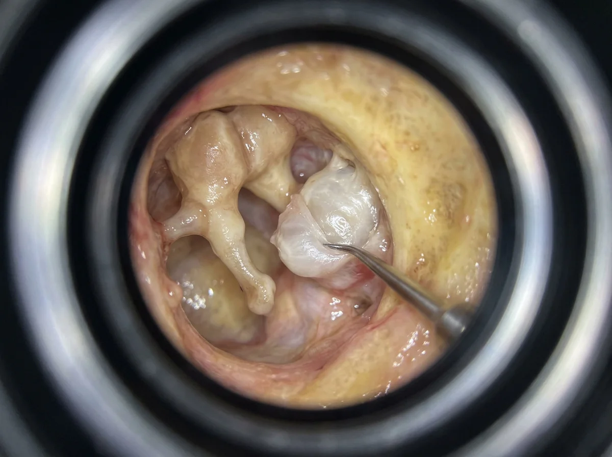 A microscope view of pearly cholesteatoma being lifted from the middle ear, in a dry field.