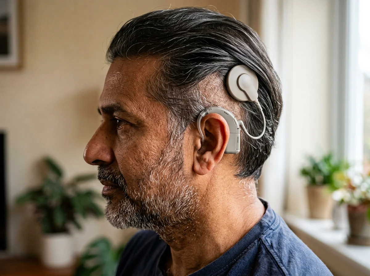 A cochlear implant on an adult: a processor behind the ear and a round coil on the scalp.