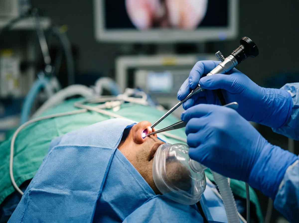 A rigid endoscope and a fine instrument at the nostril during sinus surgery.
