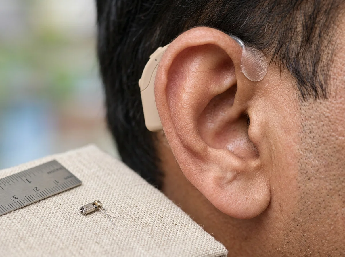 A small middle-ear implant processor on the ear, with an empty ear canal and no scalp coil.
