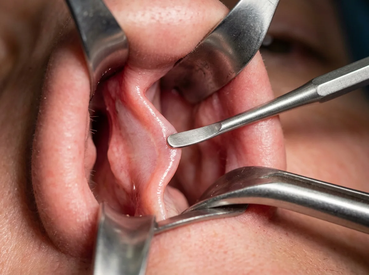 A nasal speculum showing a bent septum, with a fine elevator and almost no blood.