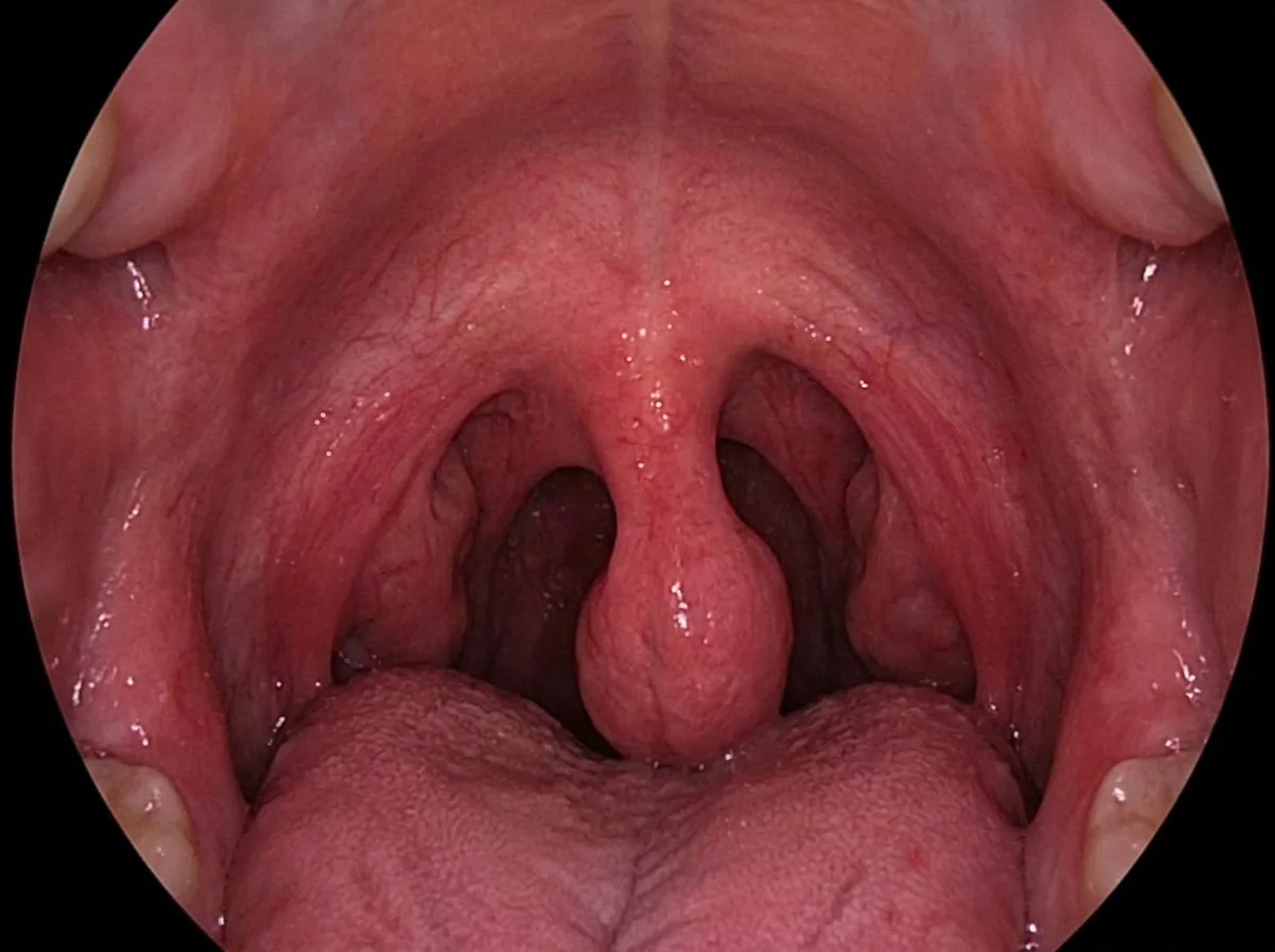 An endoscopic view of a long soft palate and uvula narrowing the throat.