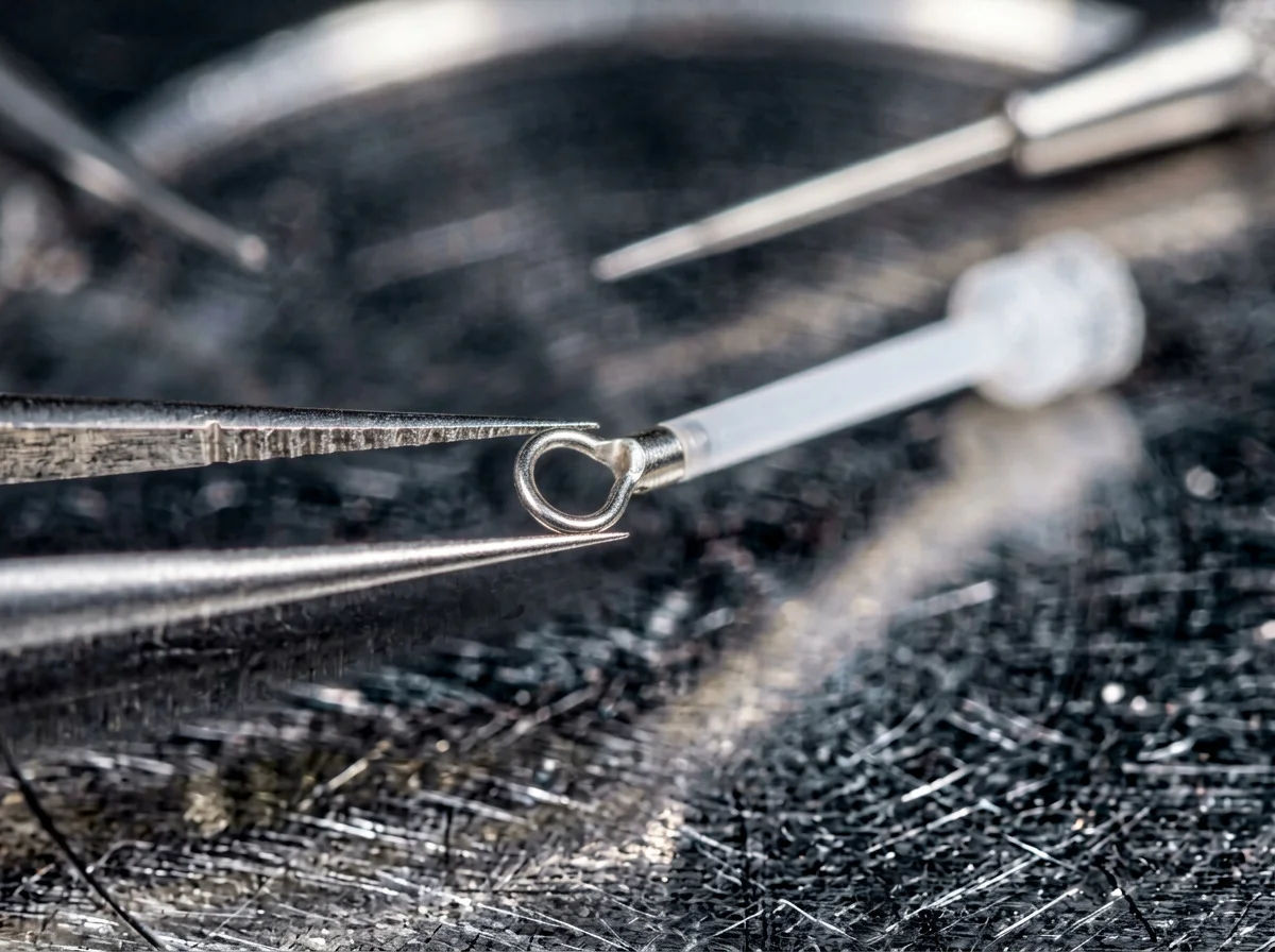 A tiny stapes piston prosthesis held in micro-forceps.