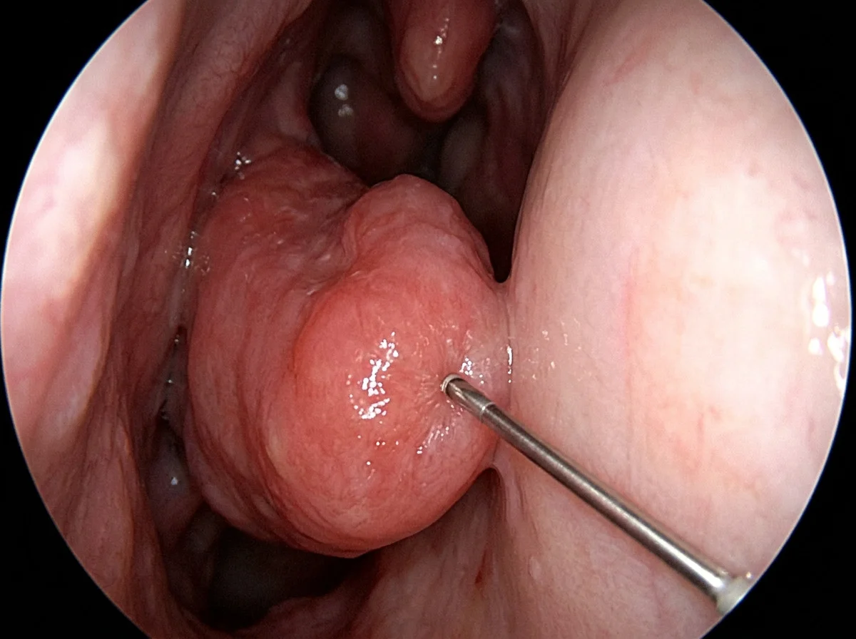 An endoscopic view of an enlarged inferior turbinate blocking the nasal airway.