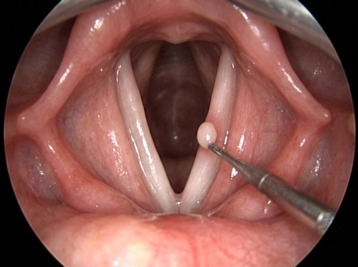 A laryngoscopy view of a small polyp on one vocal cord.
